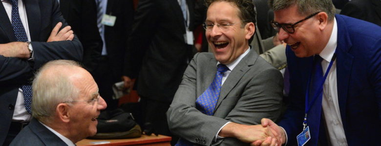 German Finance Minister Wolfgang Schaeuble (L) and Eurogroup President Jeroen Dijsselbloem (2-R) laugh at the start of Eurogroup finance ministers meeting at the European Council headquarters in Brussels, Belgium, 13 July 2015. Eurozone finance ministers were to discuss a range of issues including the election of the Eurogroup president and the current situation affecting Greece. EPA/STEPHANIE LECOCQ/dpa (recrop) +++(c) dpa - Bildfunk+++